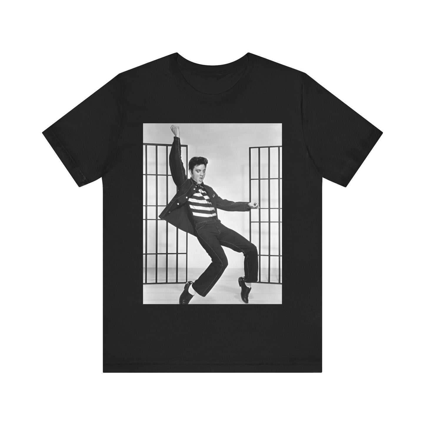 A black graphic t-shirt featuring a graphic related to Elvis Presley's 'Jailhouse Rock' song.