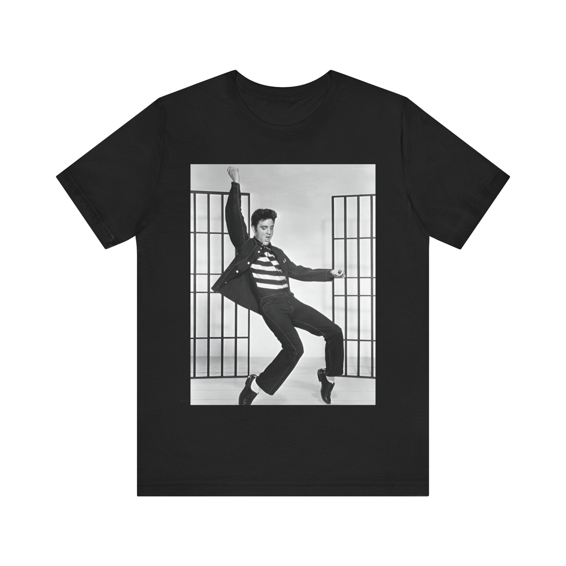 A black graphic t-shirt featuring a graphic related to Elvis Presley's 'Jailhouse Rock' song.