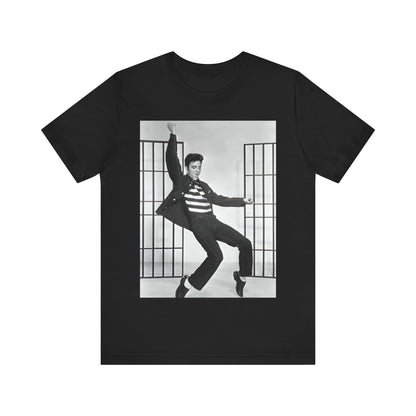 A black graphic t-shirt featuring a graphic related to Elvis Presley's 'Jailhouse Rock' song.