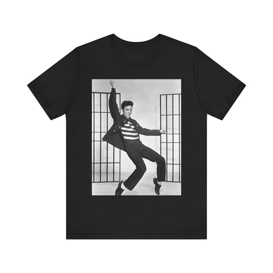 A black graphic t-shirt featuring a graphic related to Elvis Presley's 'Jailhouse Rock' song.
