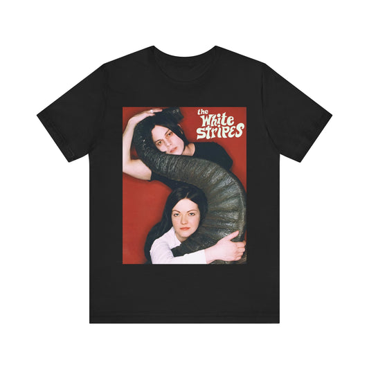 A black graphic t-shirt featuring a vintage graphic related to The White Stripes' 'Elephant' album era.