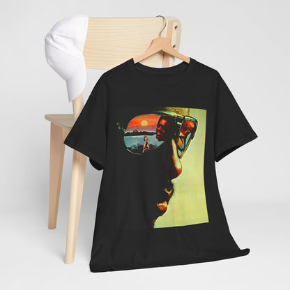 A black graphic t-shirt featuring a 70s aesthetic graphic of Stevie Wonder.