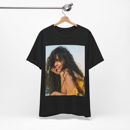 A black graphic t-shirt featuring a graphic inspired by Camila Cabello's "Don't Go Yet" song or era.