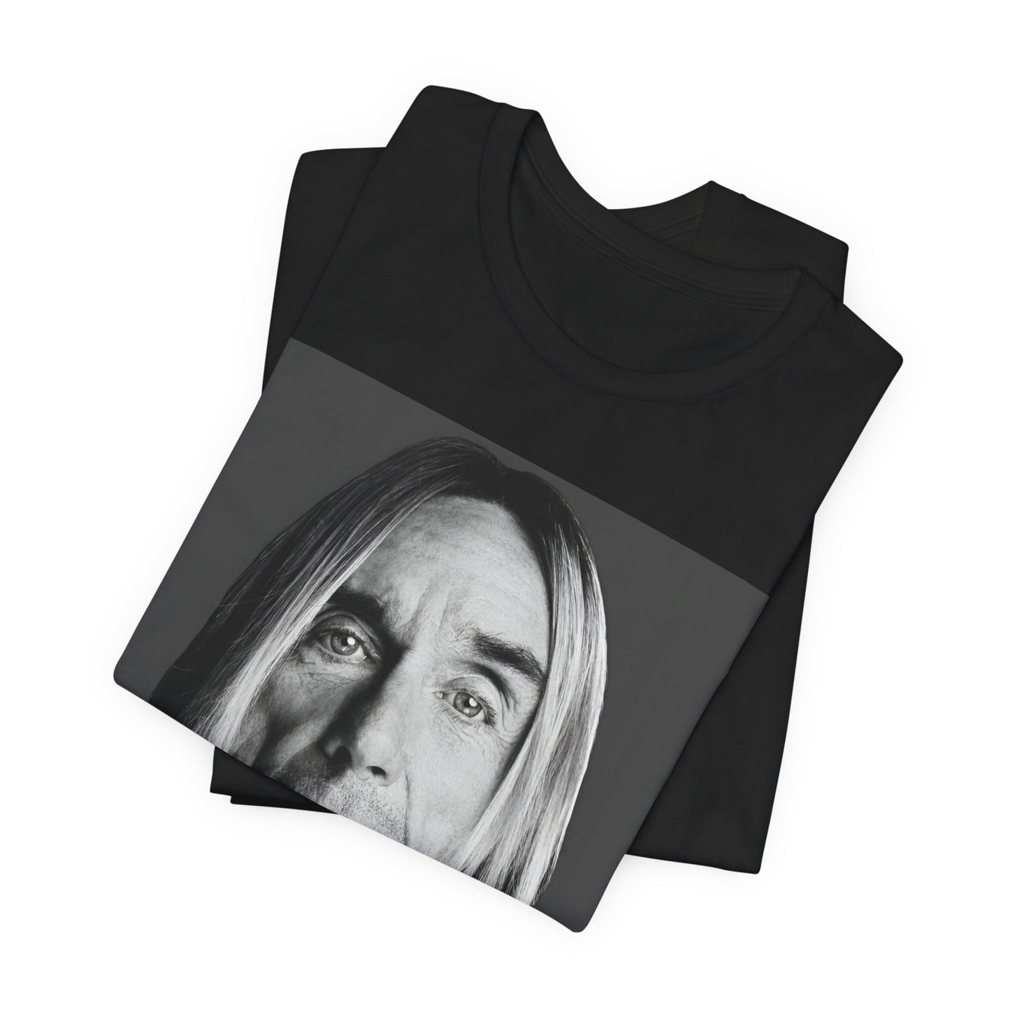 A black graphic t-shirt featuring a black and white portrait photo of Iggy Pop.