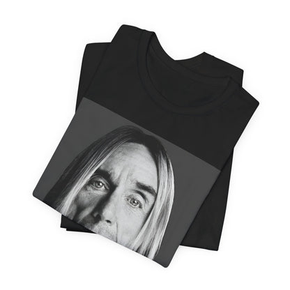 A black graphic t-shirt featuring a black and white portrait photo of Iggy Pop.
