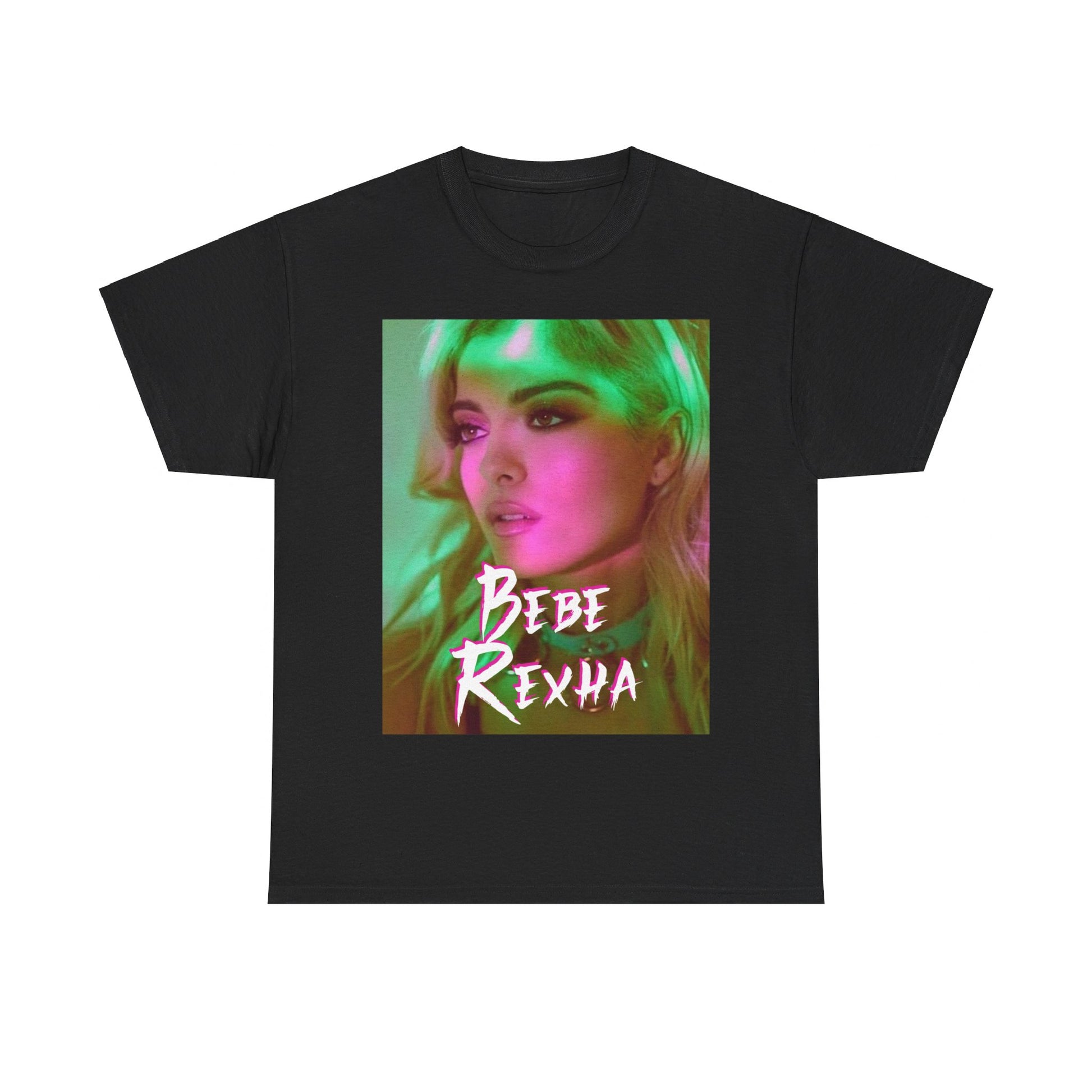 A black graphic t-shirt featuring a photo of Bebe Rexha, with neon lighting or elements, giving a chill vibe.