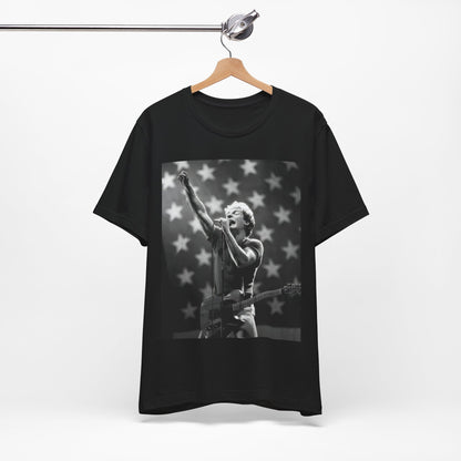 A black graphic t-shirt featuring a 70s era Americana-style graphic of Bruce Springsteen.