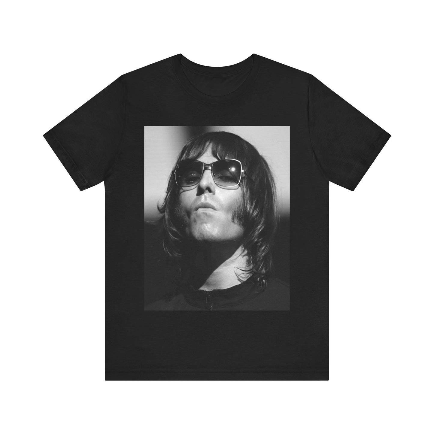 A black graphic t-shirt featuring a graphic of Liam Gallagher from Oasis related to the 'Morning Glory' album era.