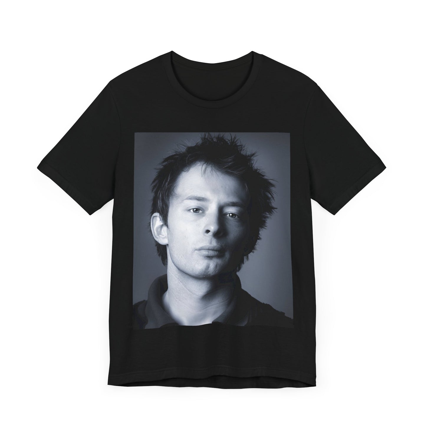 A black graphic t-shirt featuring an enigmatic graphic of Thom Yorke from Radiohead as a frontman.