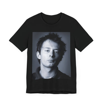 A black graphic t-shirt featuring an enigmatic graphic of Thom Yorke from Radiohead as a frontman.
