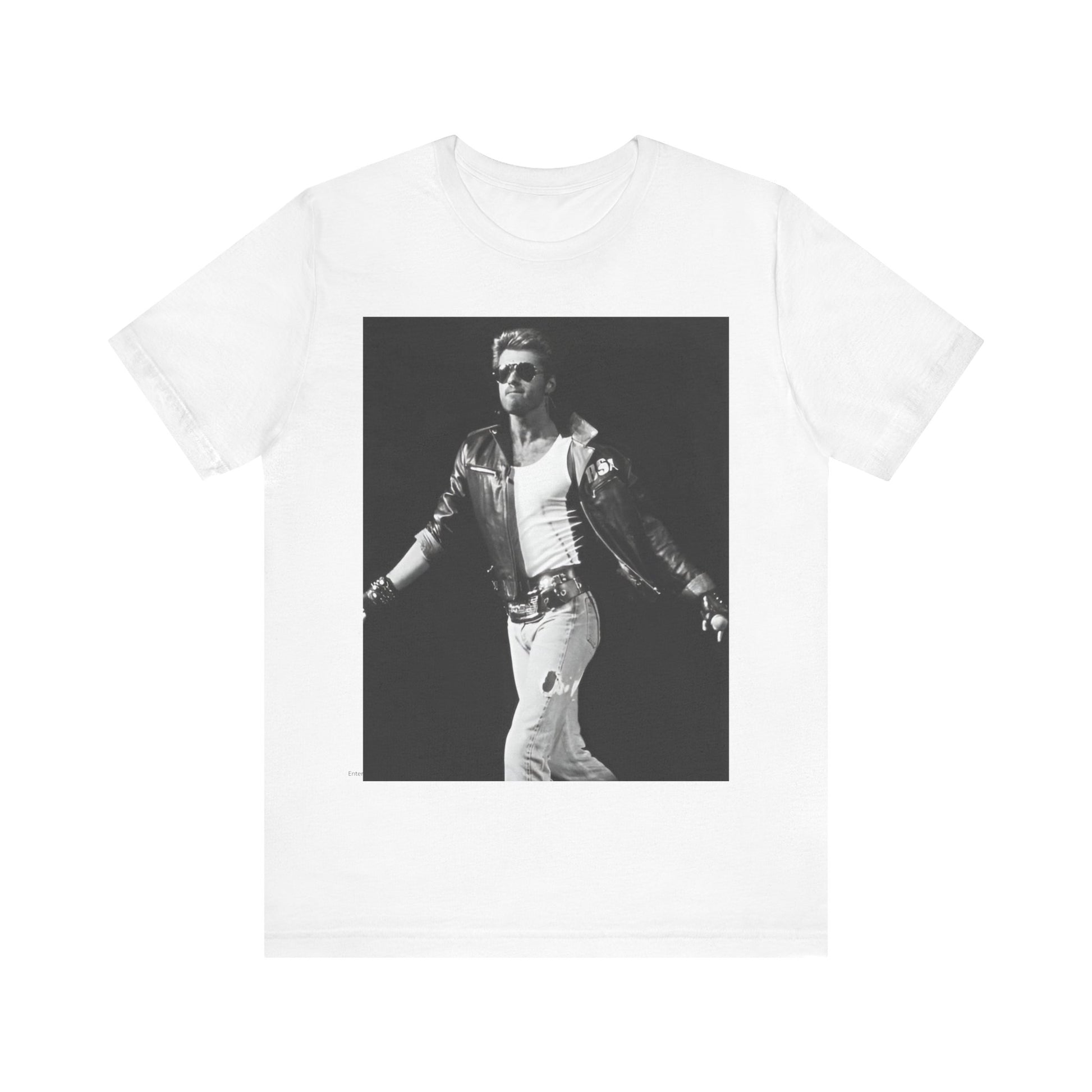 A black graphic t-shirt featuring a retro black and white monochrome graphic or photo of George Michael.