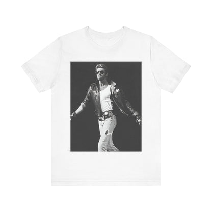A black graphic t-shirt featuring a retro black and white monochrome graphic or photo of George Michael.
