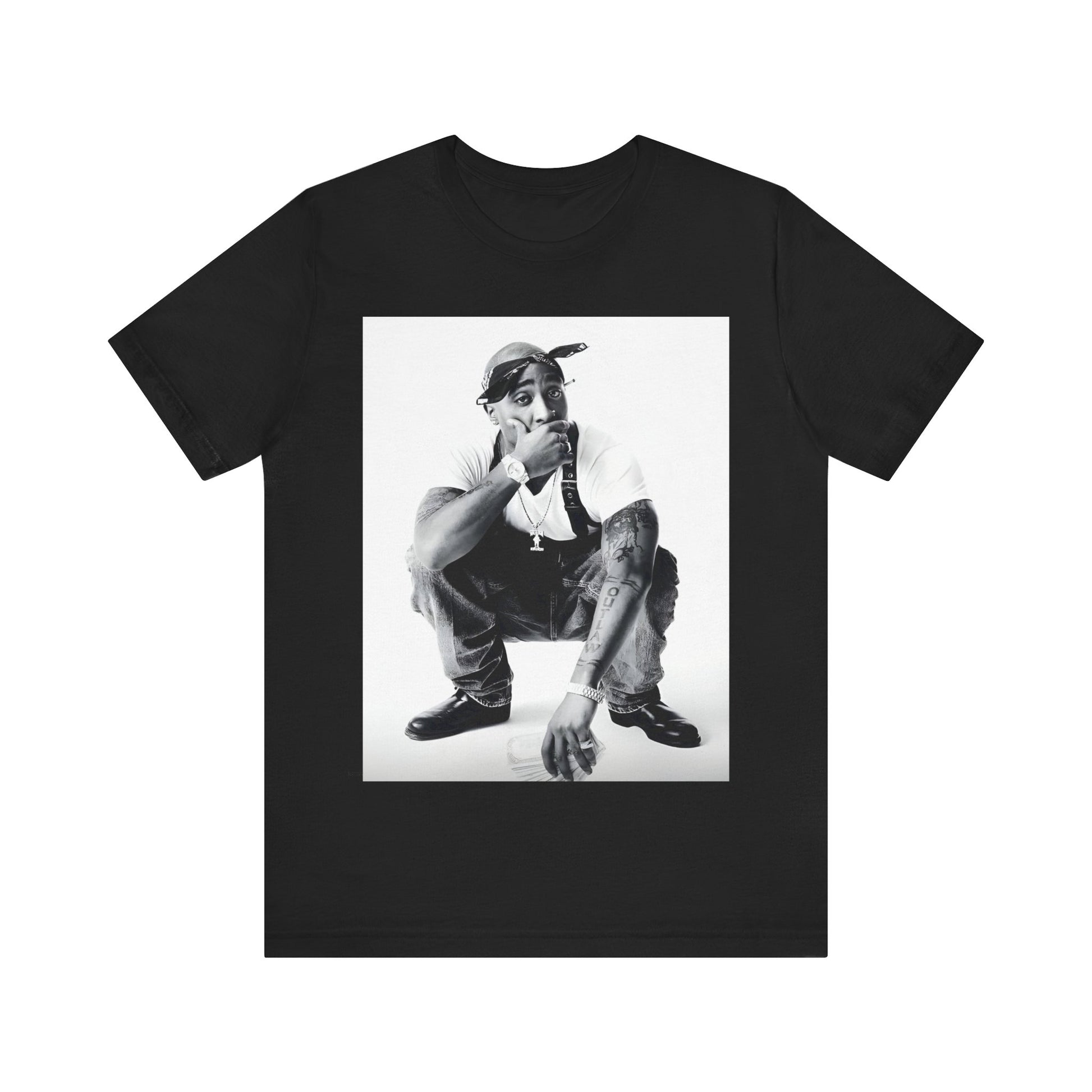 A black graphic t-shirt featuring a graphic of Tupac with a conscious rap vibe.