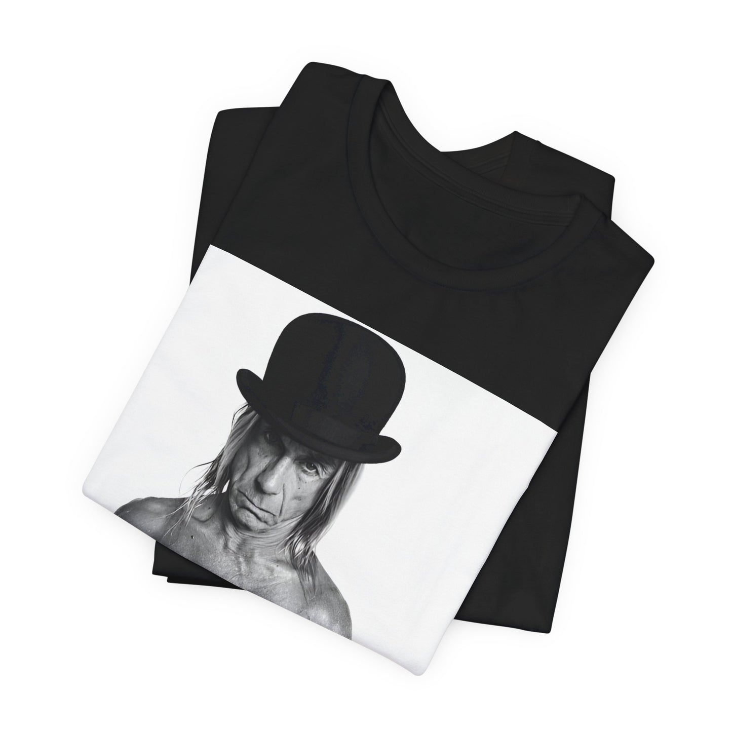 A black graphic t-shirt featuring a black and white photo of Iggy Pop wearing a hat.