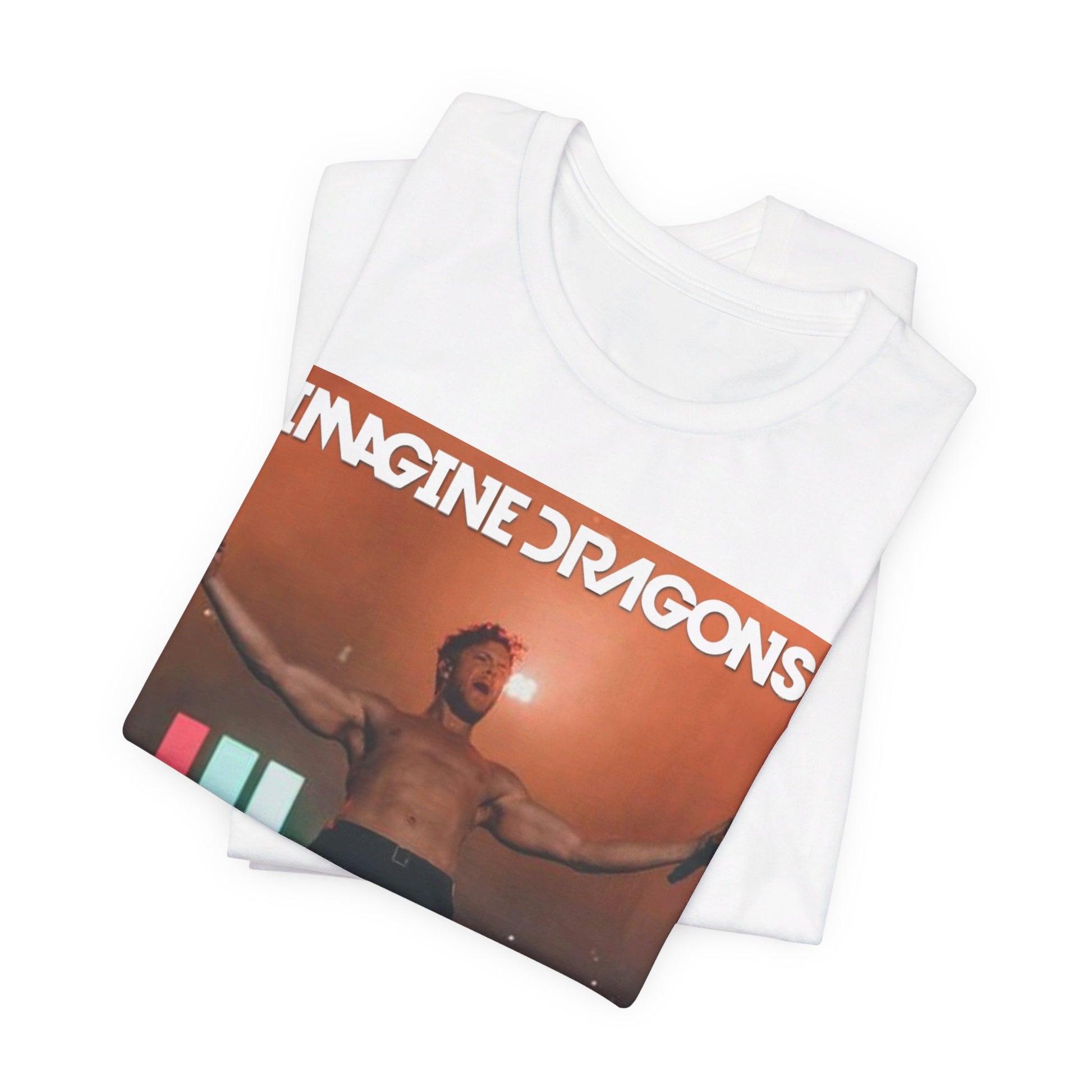 A black graphic t-shirt featuring a bold graphic of Imagine Dragons as arena rockers.