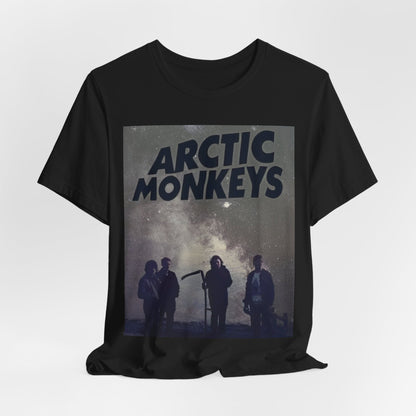 A black graphic t-shirt featuring an artistic or aesthetic graphic of the Arctic Monkeys band.