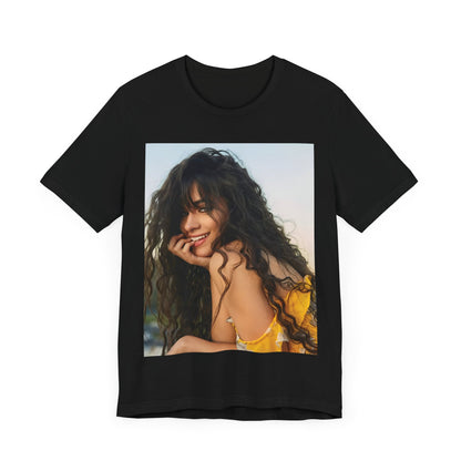 A black graphic t-shirt featuring a graphic inspired by Camila Cabello's "Don't Go Yet" song or era.
