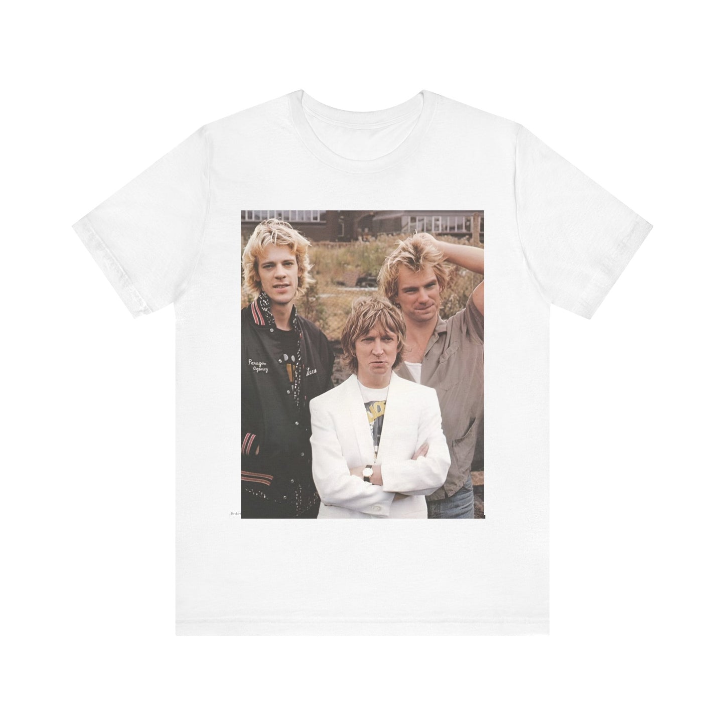 A black graphic t-shirt featuring a graphic of The Police as a timeless three-piece band.