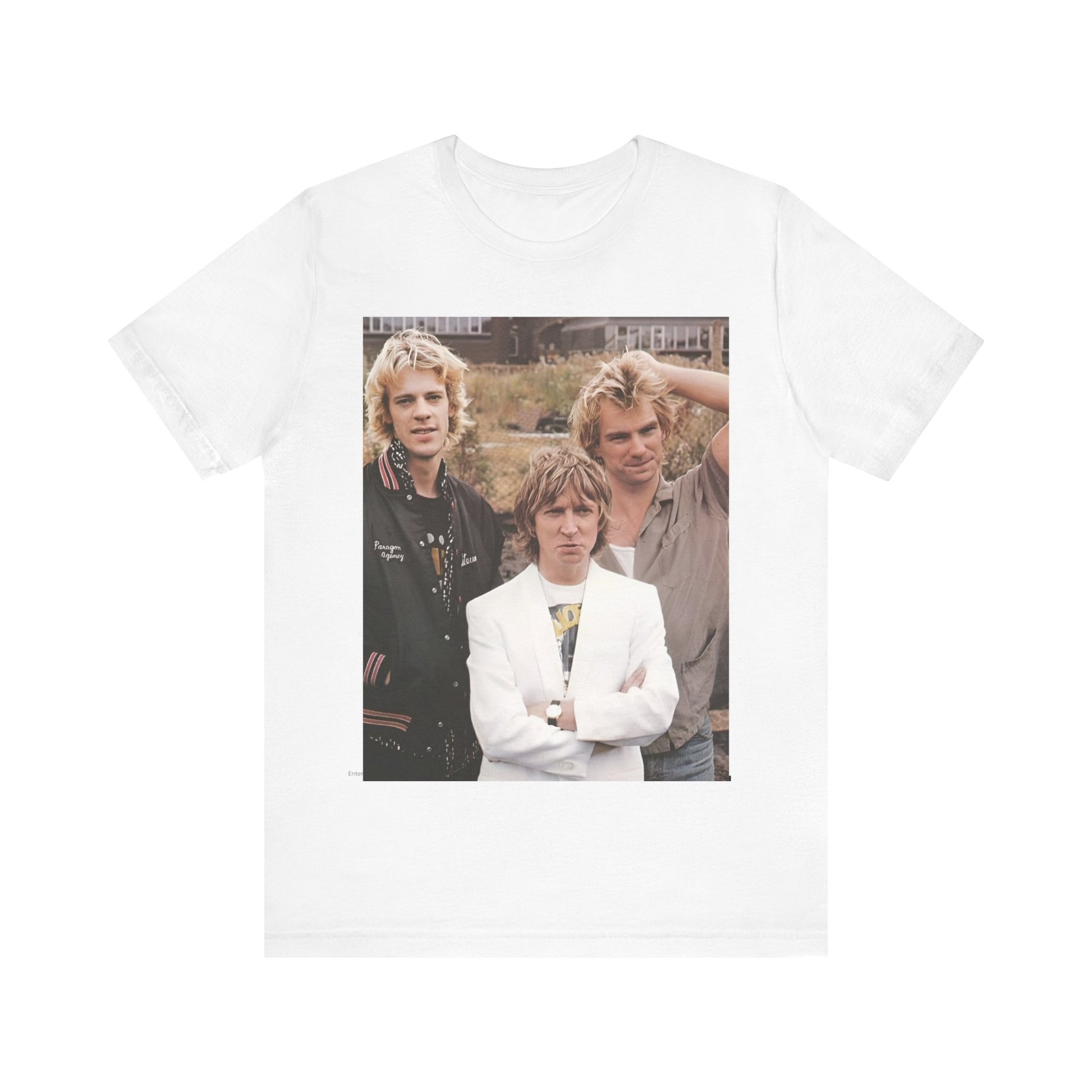 A black graphic t-shirt featuring a graphic of The Police as a timeless three-piece band.