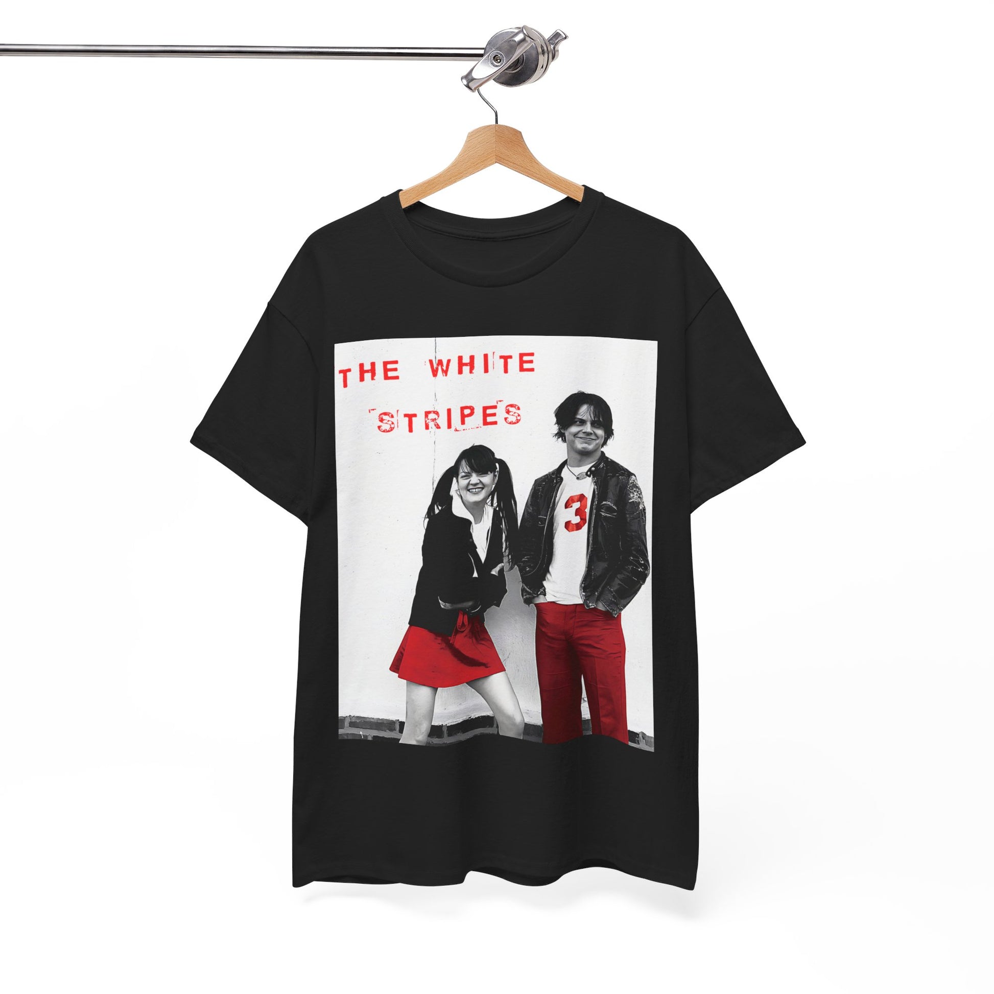 A black graphic t-shirt featuring a fearless attitude graphic of The White Stripes.