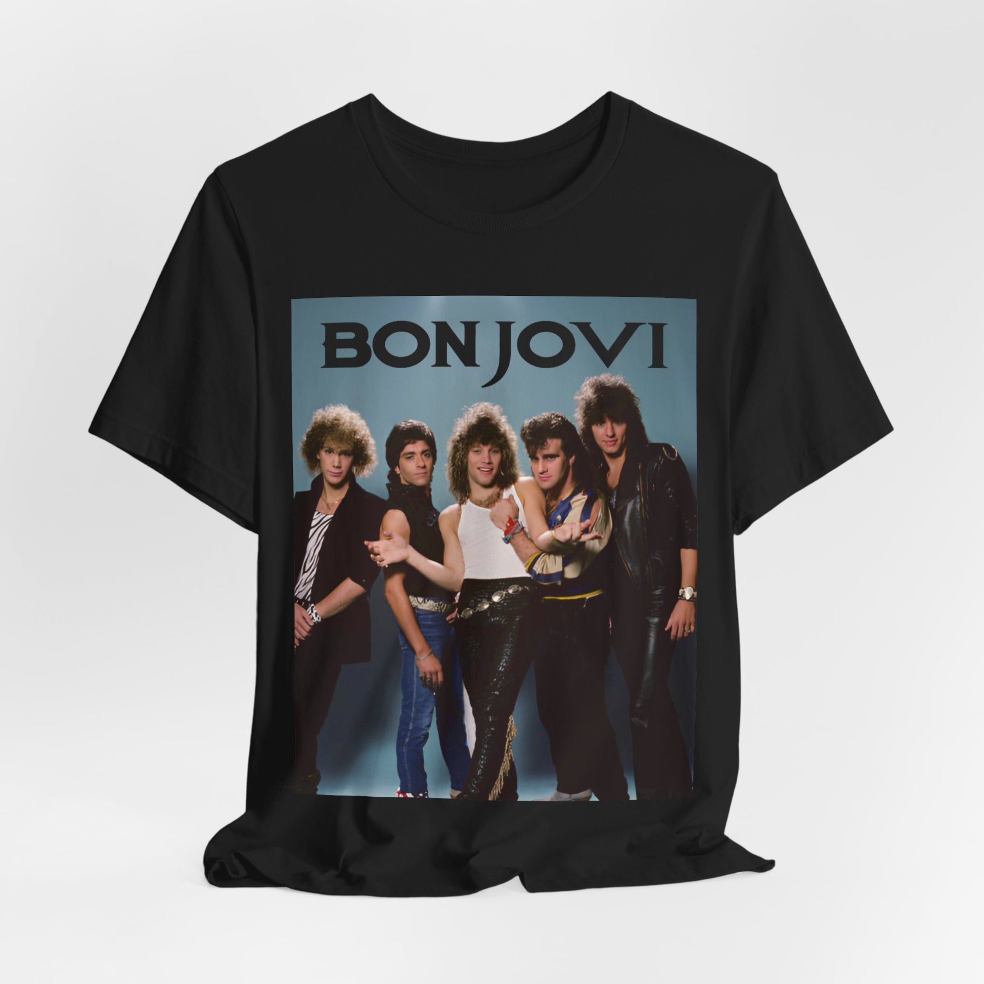A black graphic t-shirt featuring a retro graphic inspired by Bon Jovi's 'Slippery When Wet' album art.