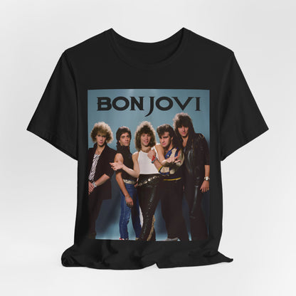 A black graphic t-shirt featuring a retro graphic inspired by Bon Jovi's 'Slippery When Wet' album art.