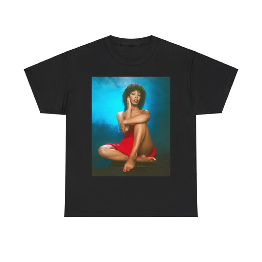 A black graphic t-shirt featuring a vintage 70s graphic of Donna Summer as a disco queen.