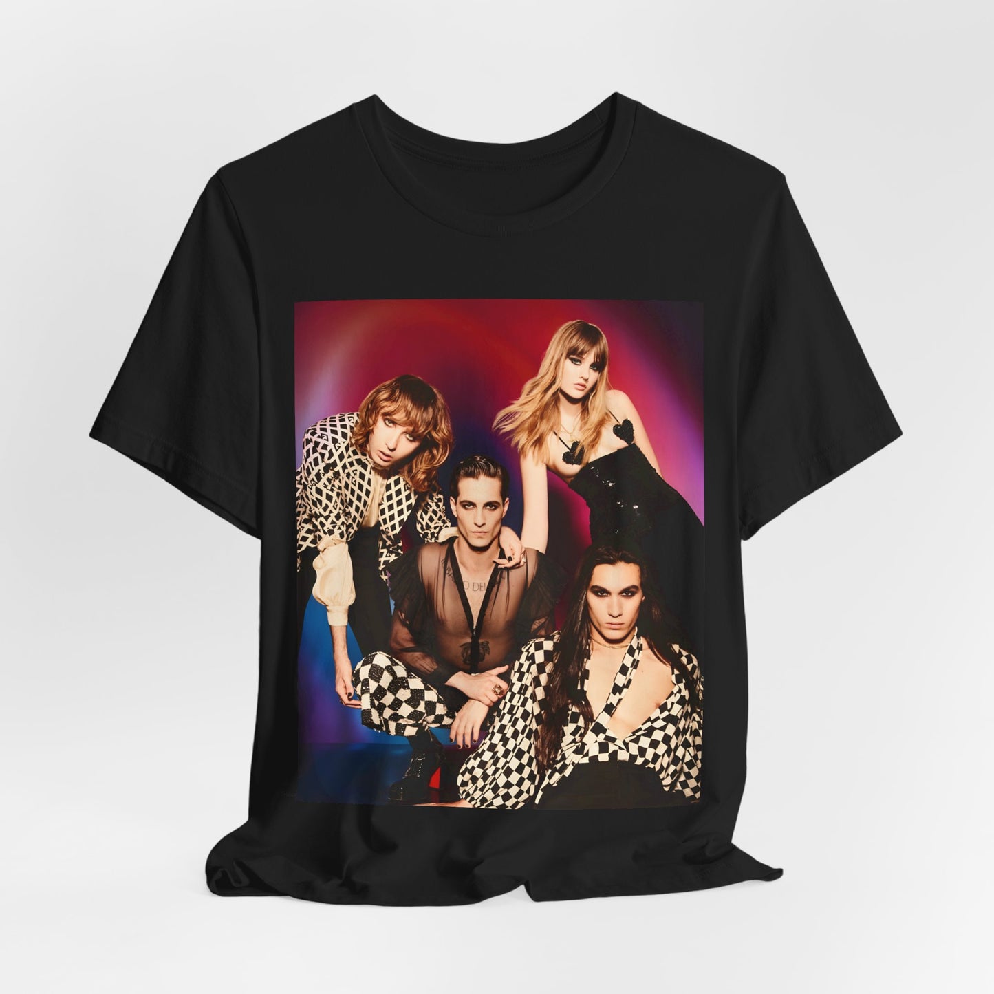 A black graphic t-shirt featuring a vintage glam rock graphic of Maneskin.