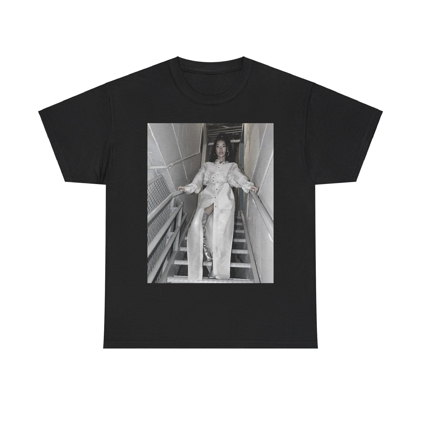 A black graphic t-shirt featuring a graphic or photo of Jhene Aiko in a backstage setting.