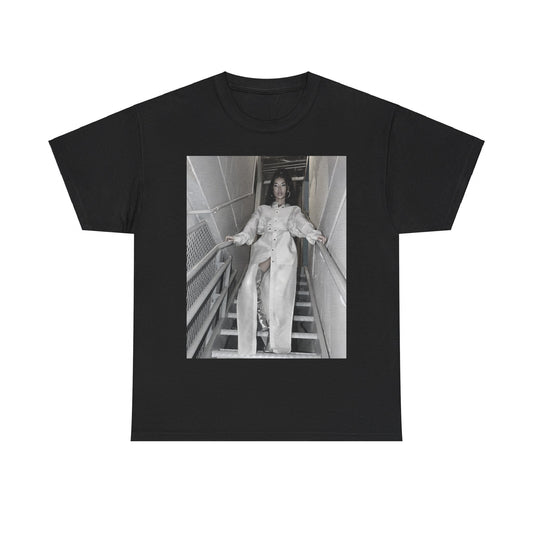 A black graphic t-shirt featuring a graphic or photo of Jhene Aiko in a backstage setting.