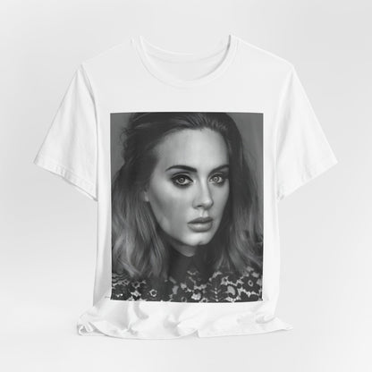 A black graphic t-shirt featuring a classic black and white, monochrome portrait of Adele, showing her with a serene or thoughtful expression.
