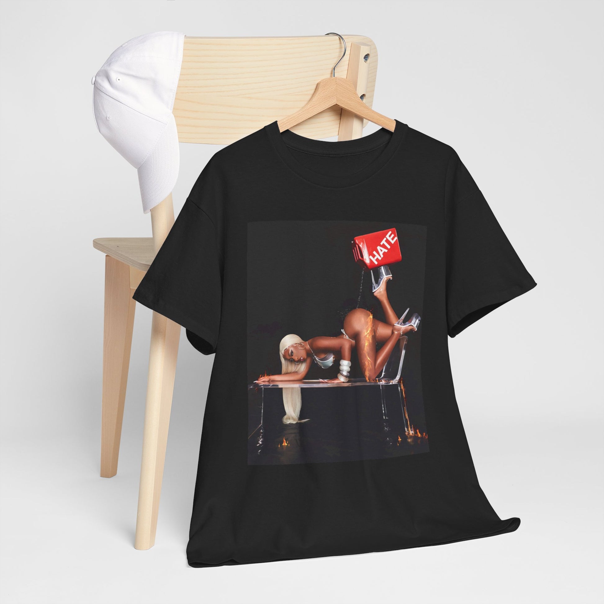 A black graphic t-shirt featuring a graphic related to Megan Thee Stallion's 'Pressurelicious' era.