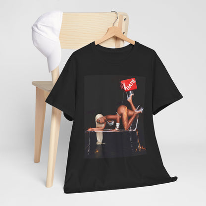 A black graphic t-shirt featuring a graphic related to Megan Thee Stallion's 'Pressurelicious' era.