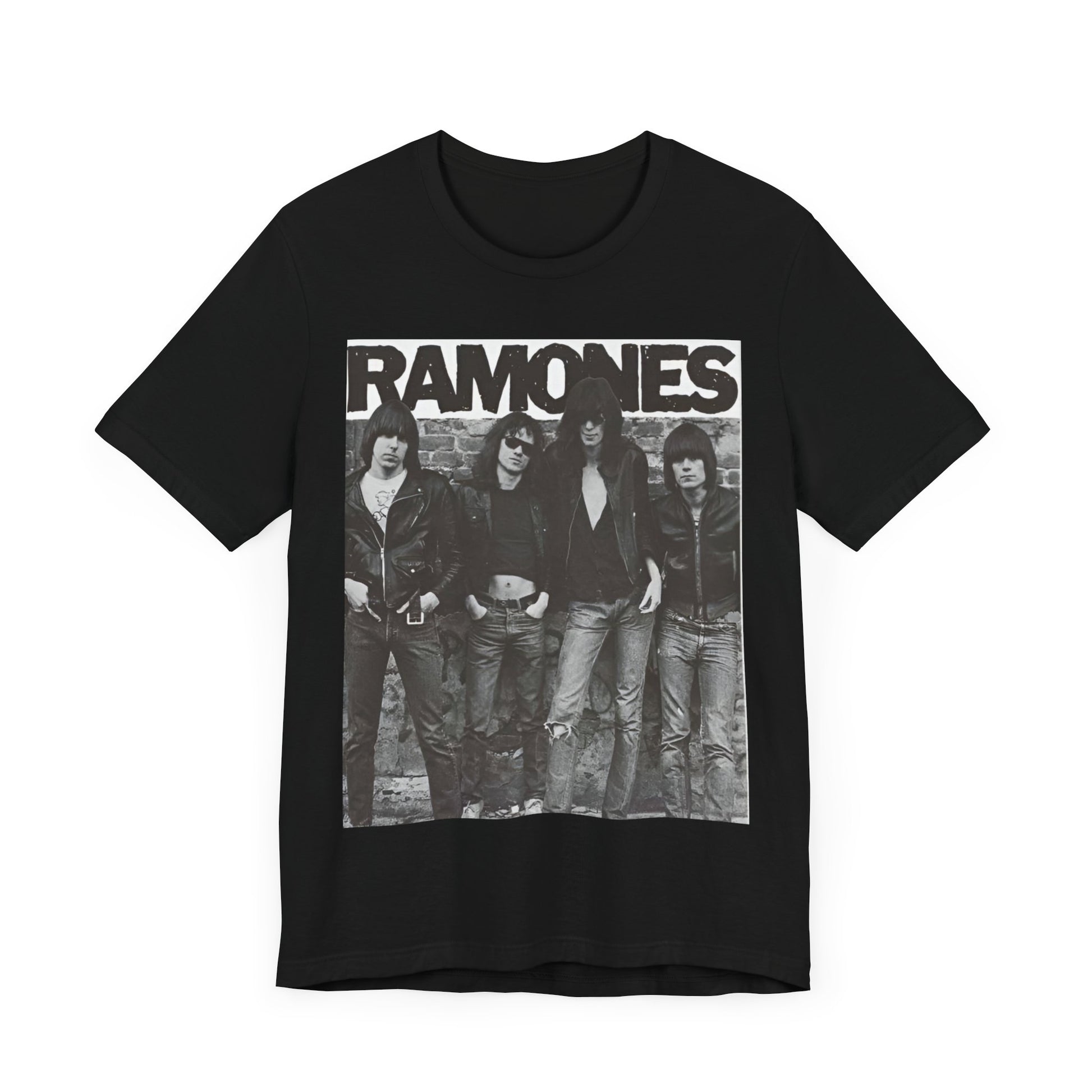 A black graphic t-shirt featuring a 70s vintage punk rock graphic of the Ramones.