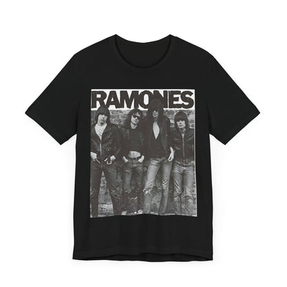 A black graphic t-shirt featuring a 70s vintage punk rock graphic of the Ramones.