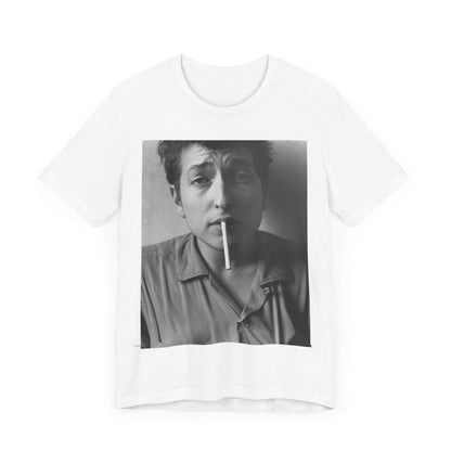 A black graphic t-shirt featuring a graphic of Bob Dylan from the 60s, depicted as a renegade folk icon.