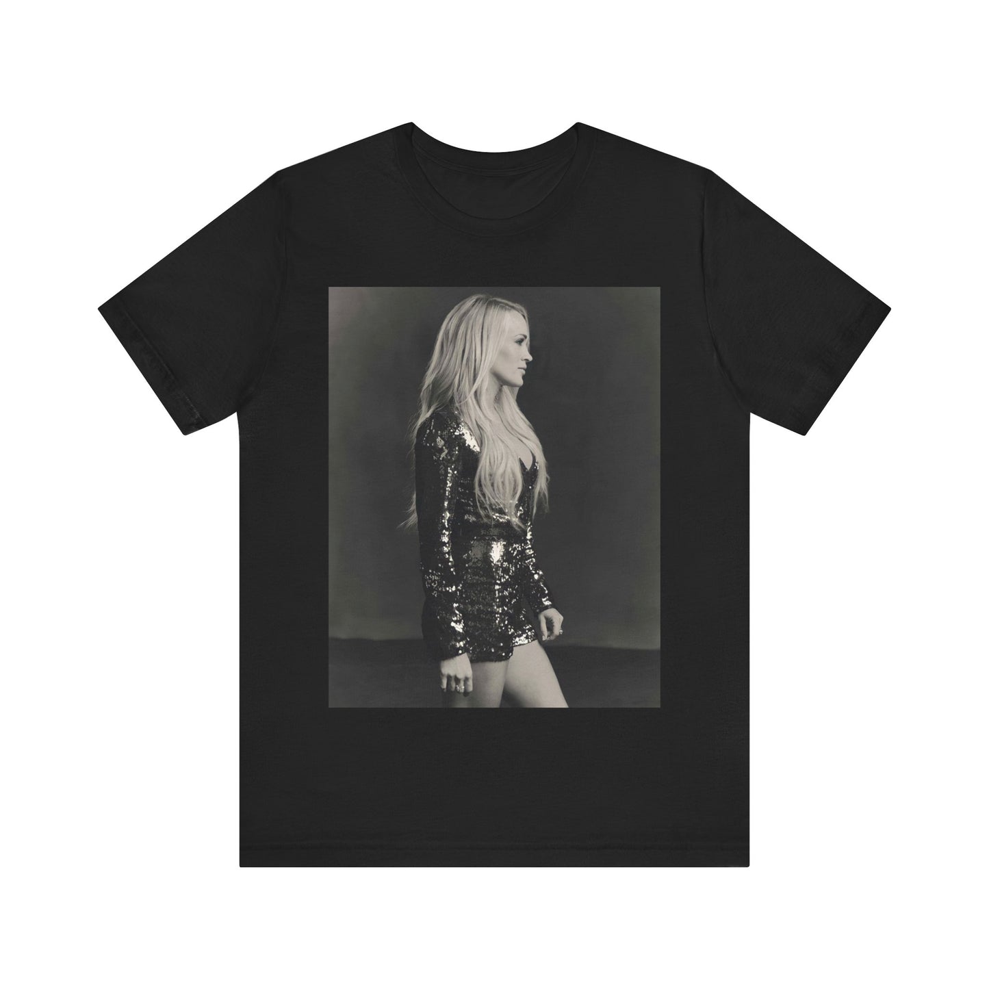 A black graphic t-shirt featuring a black and white photo of Carrie Underwood performing live on stage.
