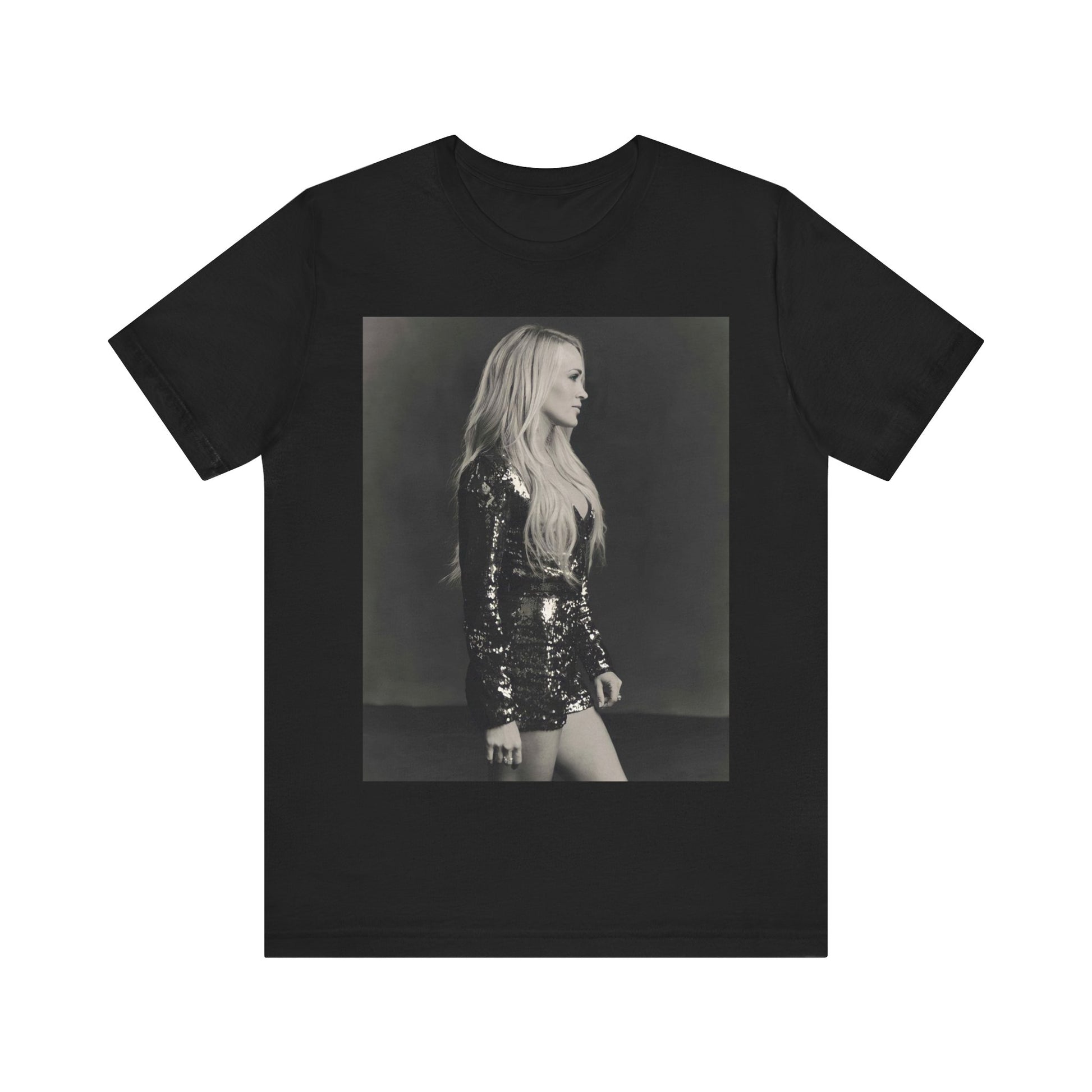 A black graphic t-shirt featuring a black and white photo of Carrie Underwood performing live on stage.