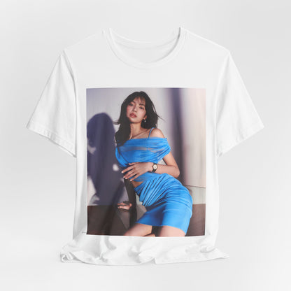 A black graphic t-shirt featuring a bold K-Pop superstar graphic of Lisa.