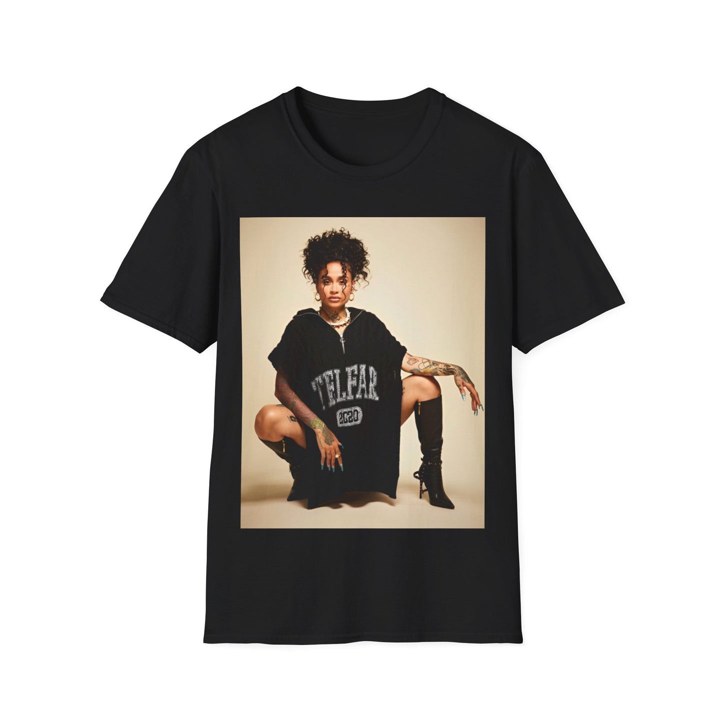 A black graphic t-shirt featuring a modern R&B essential graphic of Kehlani.