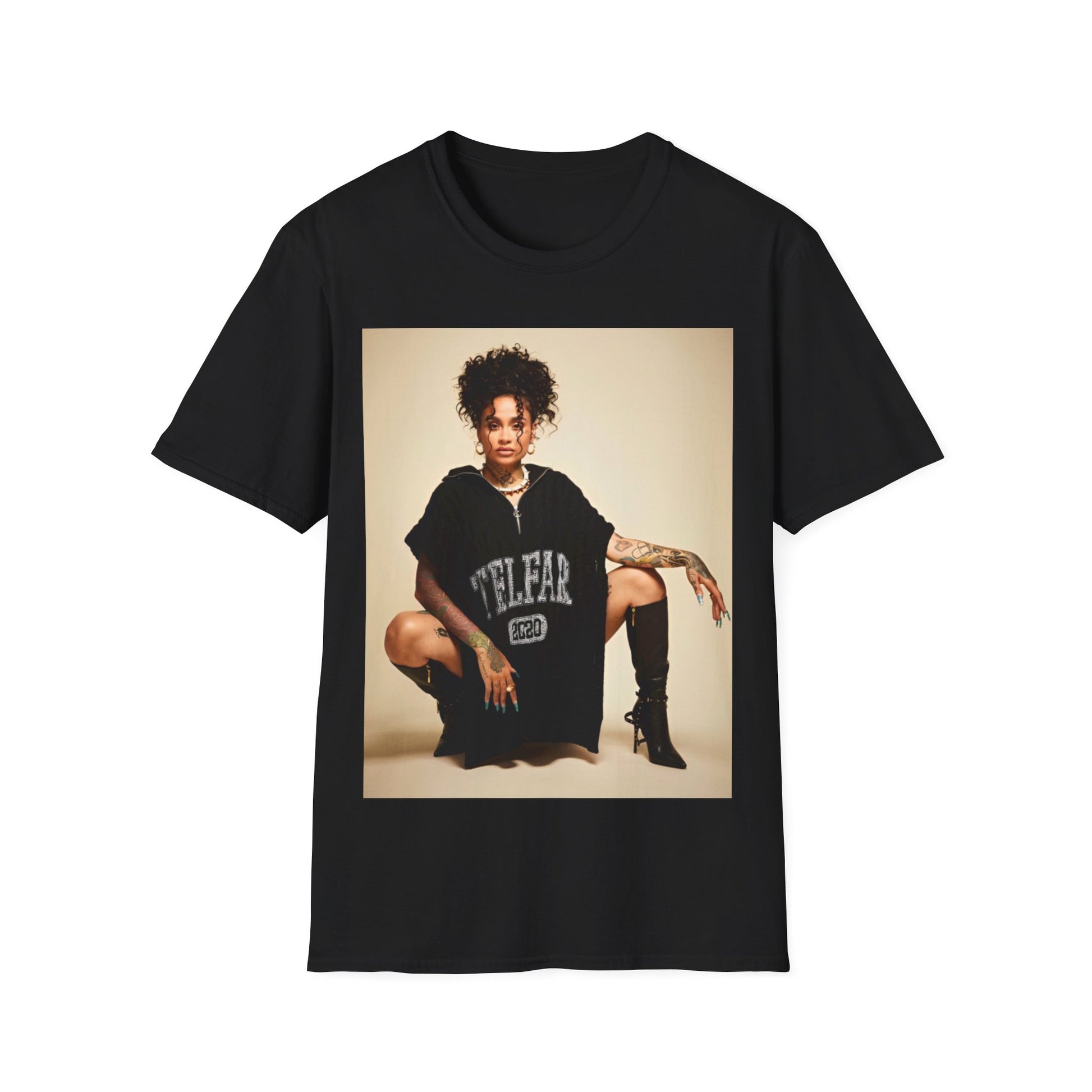 A black graphic t-shirt featuring a modern R&B essential graphic of Kehlani.