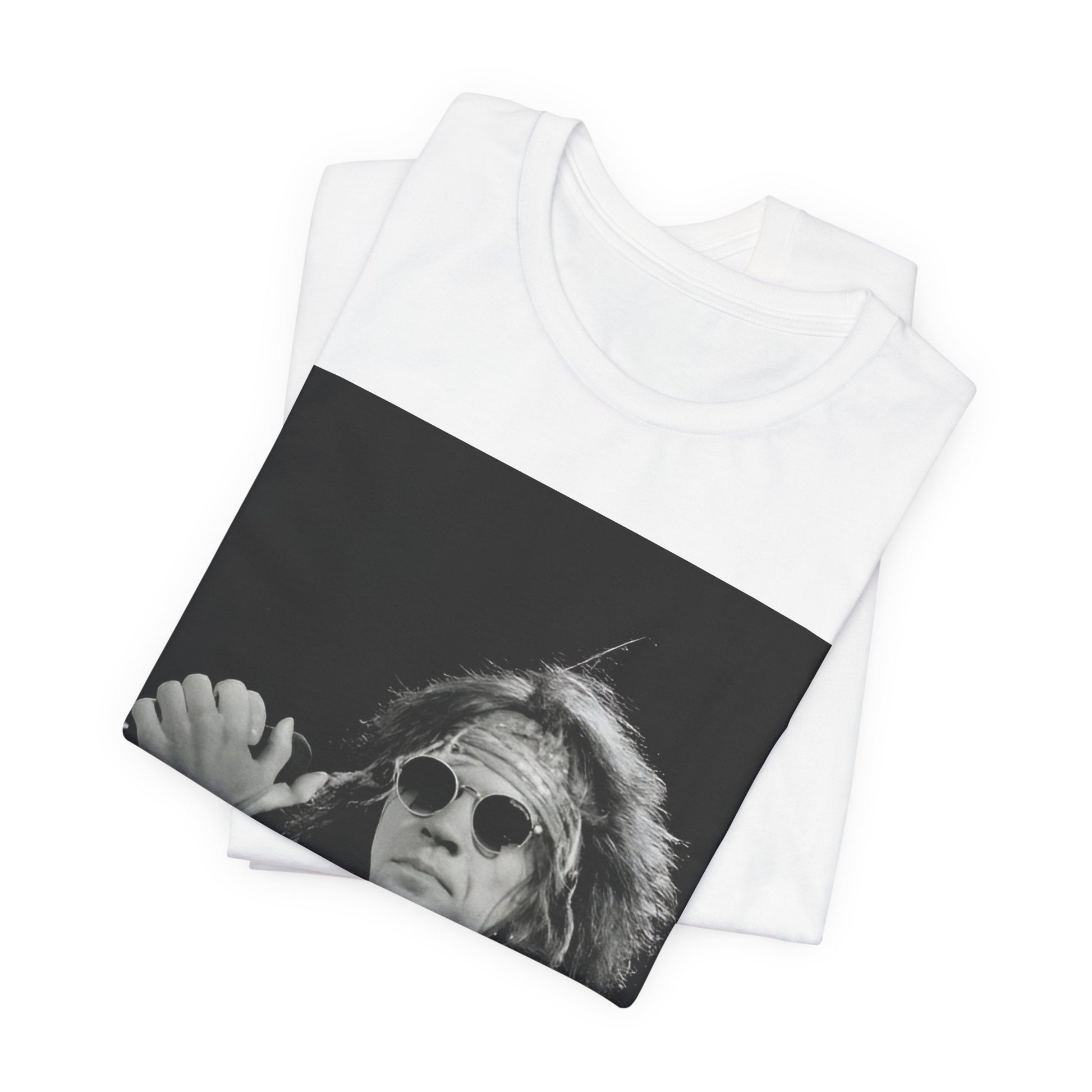 A black graphic t-shirt featuring a vintage graphic related to Bon Jovi's '94 era or "Glory Days".