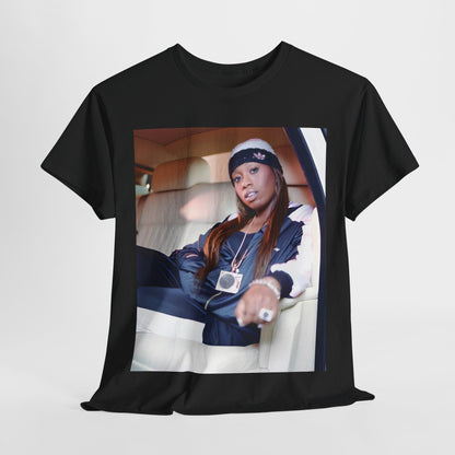 A black graphic t-shirt featuring a casual hip hop fan graphic of Missy Elliott.