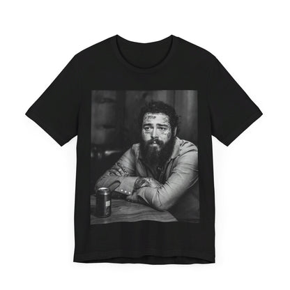 A black graphic t-shirt featuring a black and white, monochrome graphic or photo of Post Malone.