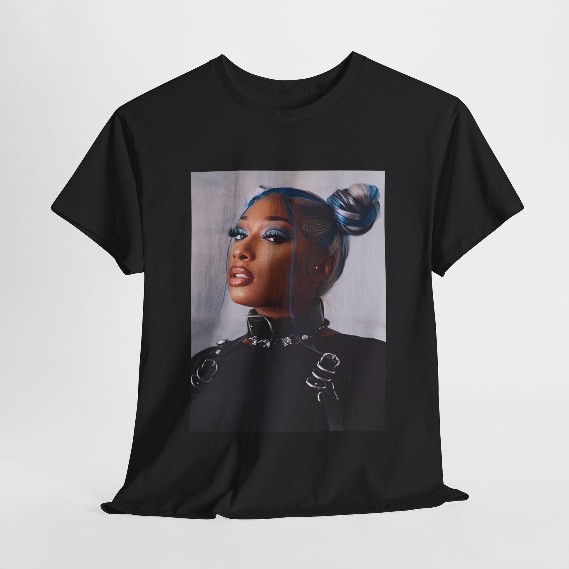 A black graphic t-shirt featuring a casual rap graphic of Megan Thee Stallion.