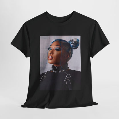 A black graphic t-shirt featuring a casual rap graphic of Megan Thee Stallion.