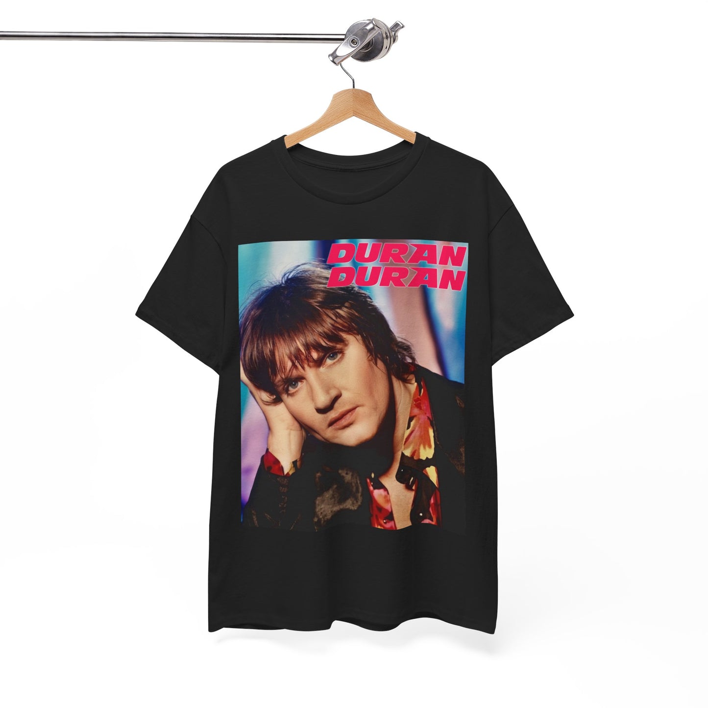 A black graphic t-shirt featuring a bold 80s pop icons graphic of Duran Duran.