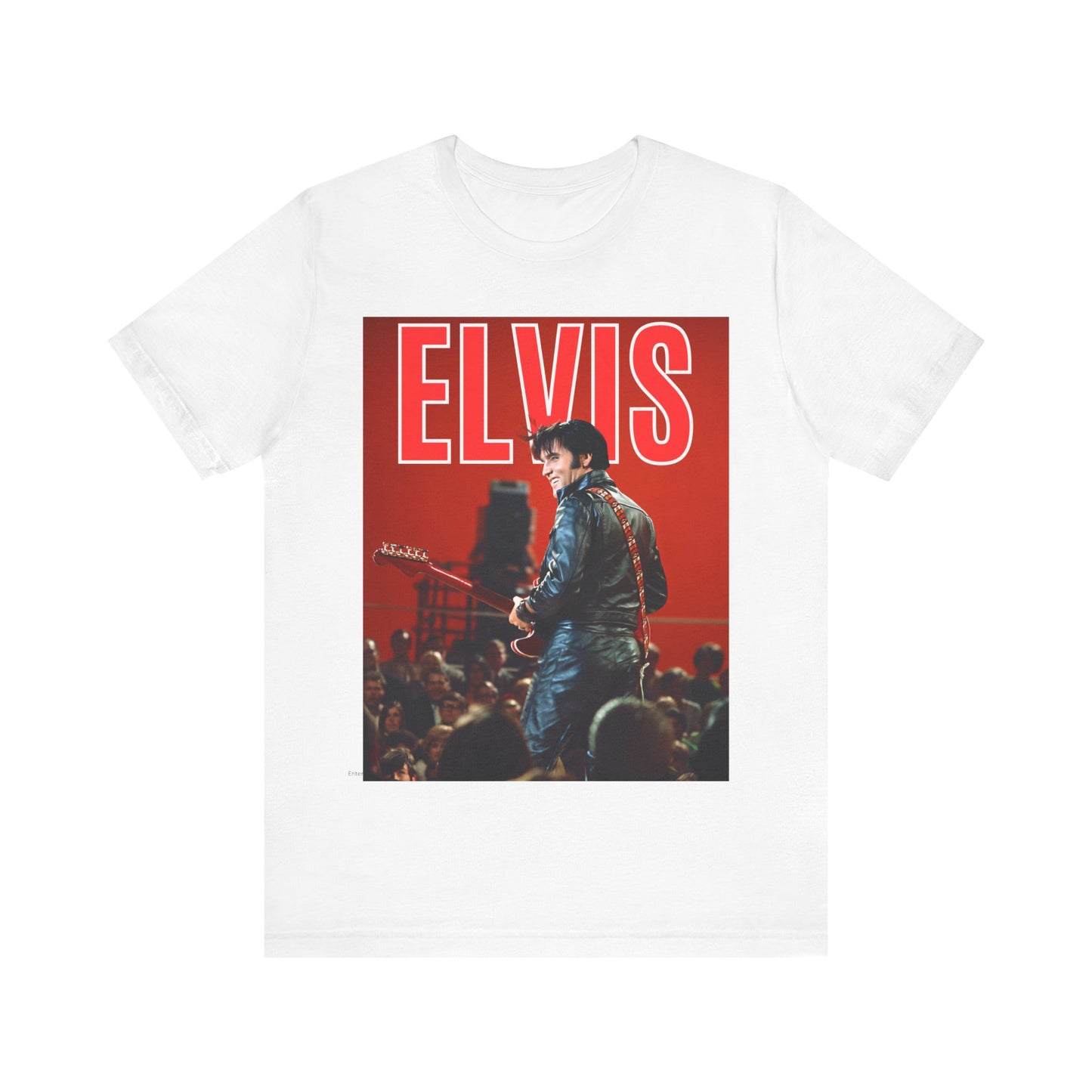 A black graphic t-shirt featuring a vintage graphic of Elvis Presley as the King of Rock 'n' Roll.