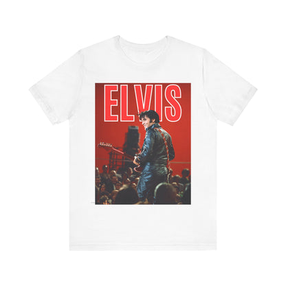 A black graphic t-shirt featuring a vintage graphic of Elvis Presley as the King of Rock 'n' Roll.