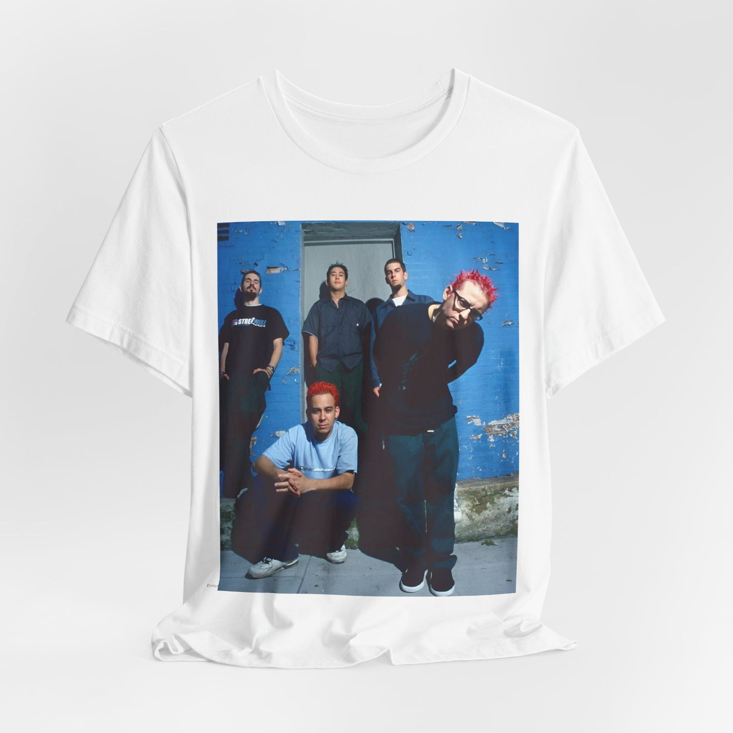 A black graphic t-shirt featuring a graphic of Linkin Park as nu-metal pioneers.